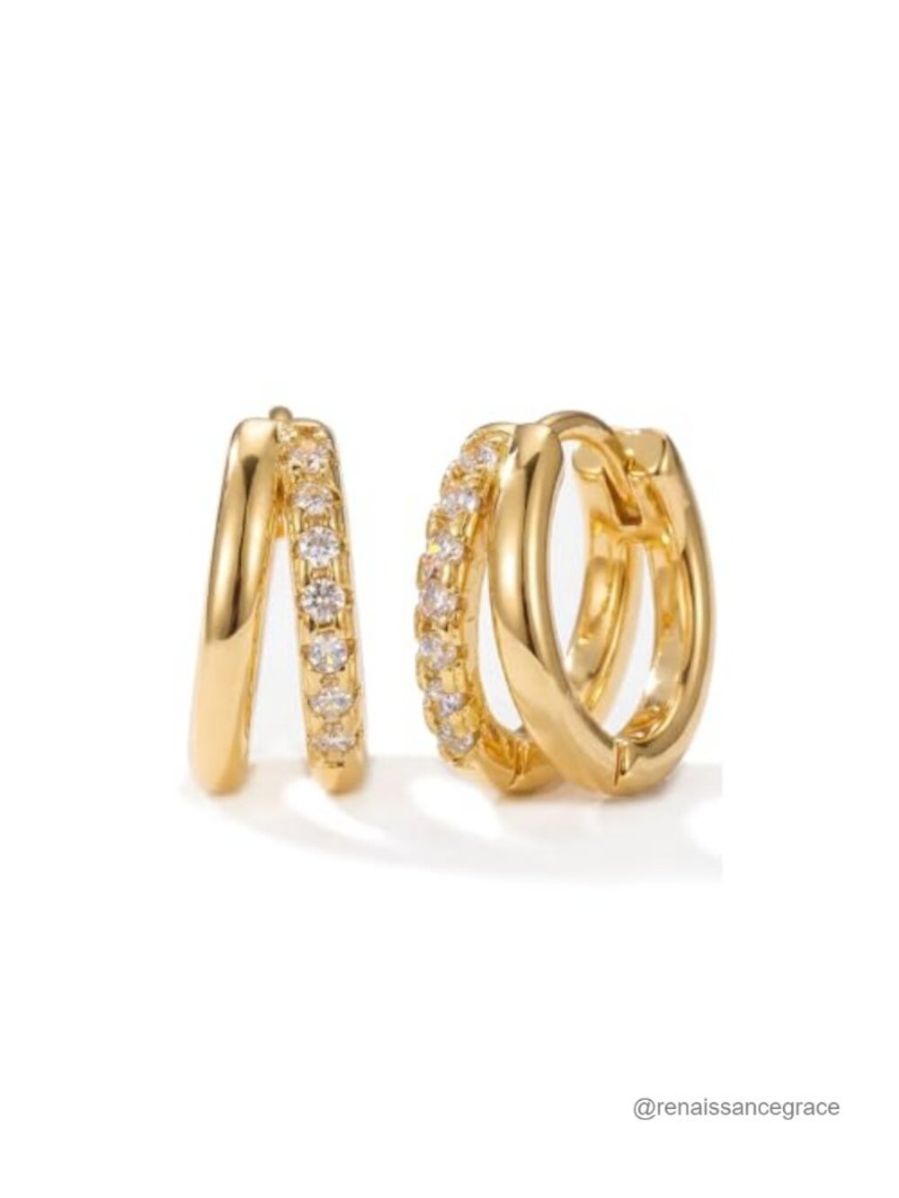 14K Yellow Gold Huggie Hoop Earrings for Women, CZ Diamond Duo Hoop Earrings